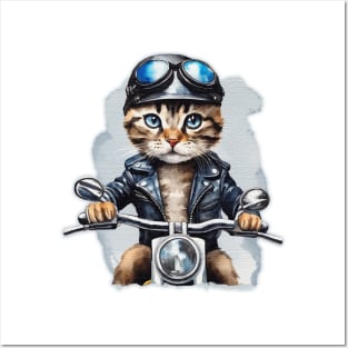 cool street cat with black leather jacket riding a motorbike Posters and Art